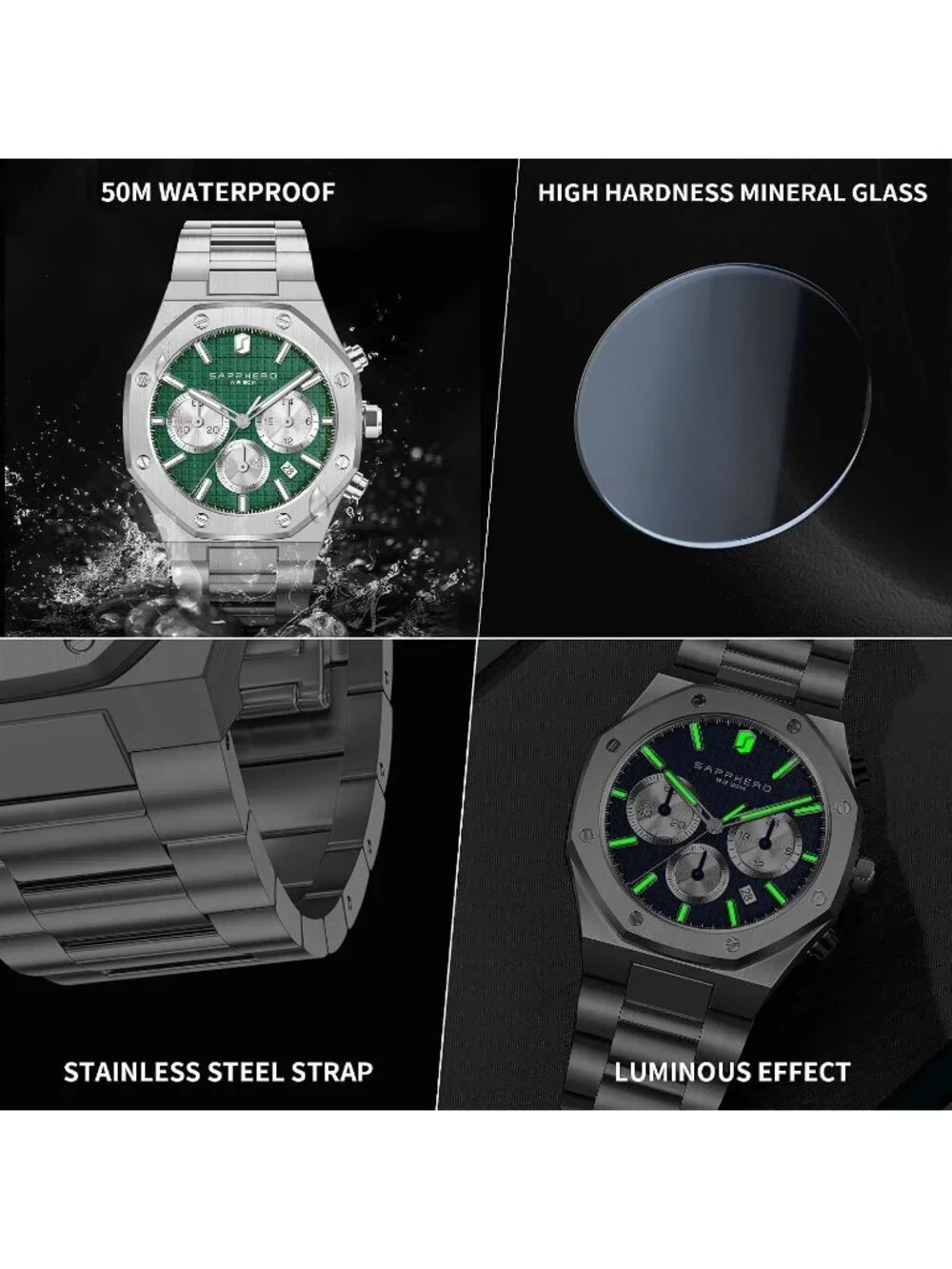 Men's Silver Strap Green Face Stainless Steel Octagonal Date Quartz Wrist Watch